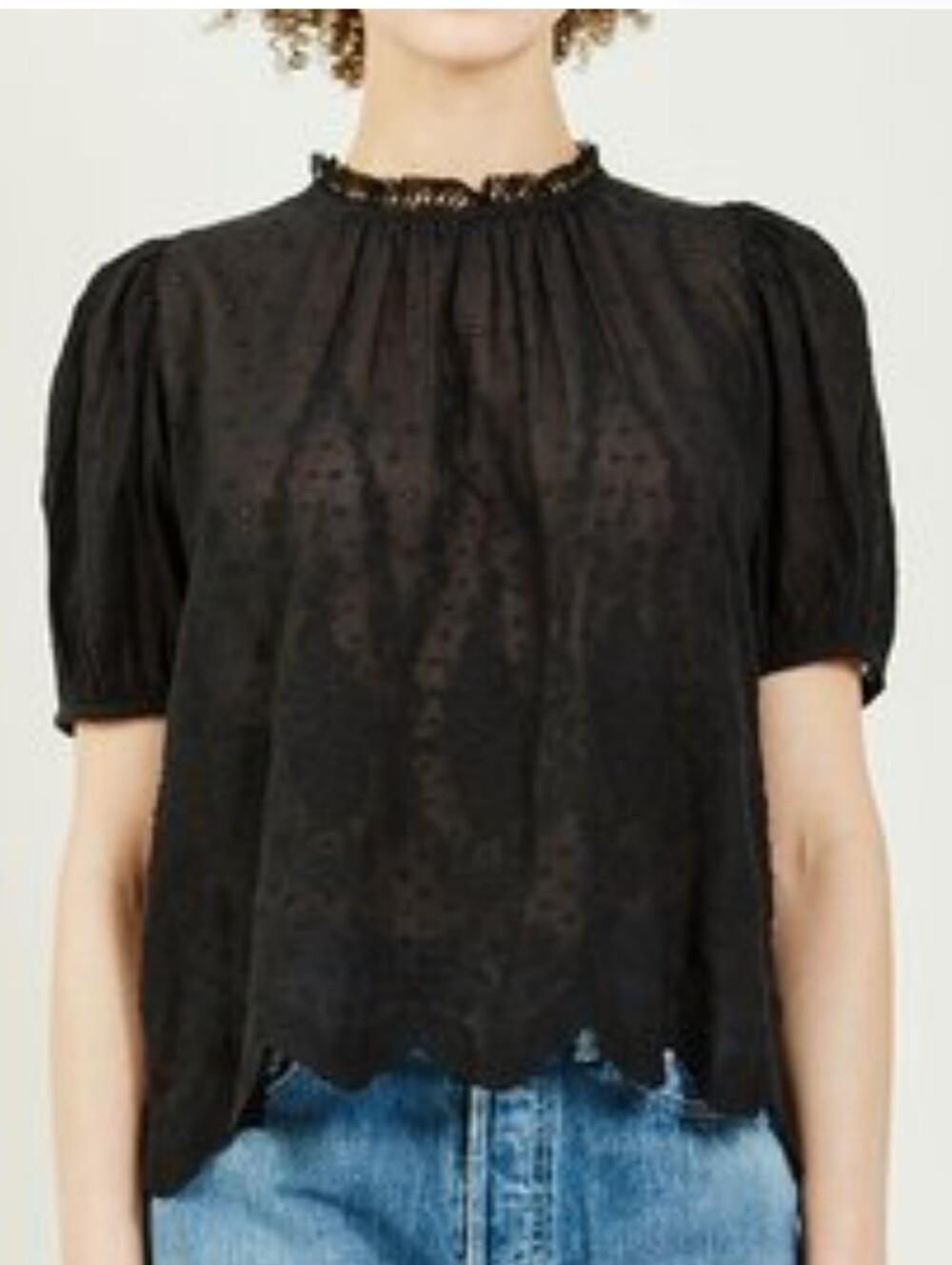Ulla Johnson Black Sheer Swiss Dot Ruffle Neck Blouse